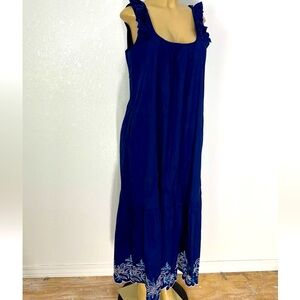 Johnny Was $255 Cotton Blue A Line Embroiderer Maxi Dress Womens Size L Casual